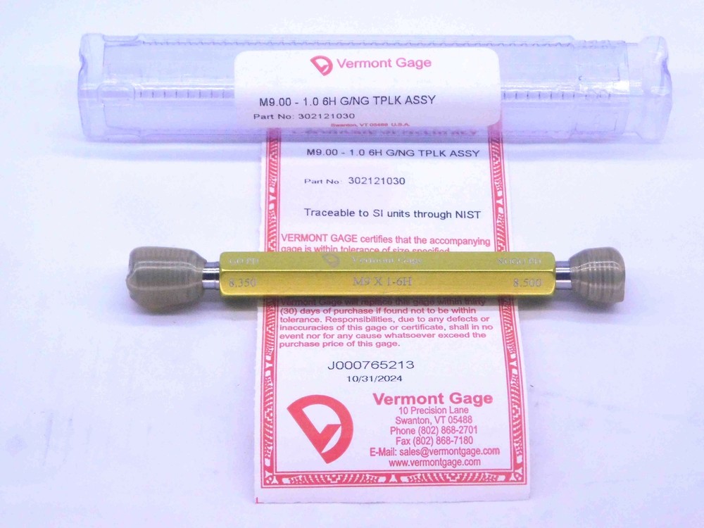 NEW M9 X 1 6H VERMONT THREAD PLUG GAGE 9 1.0 GO NO GO P.D.’S = 8.350 & 8.500