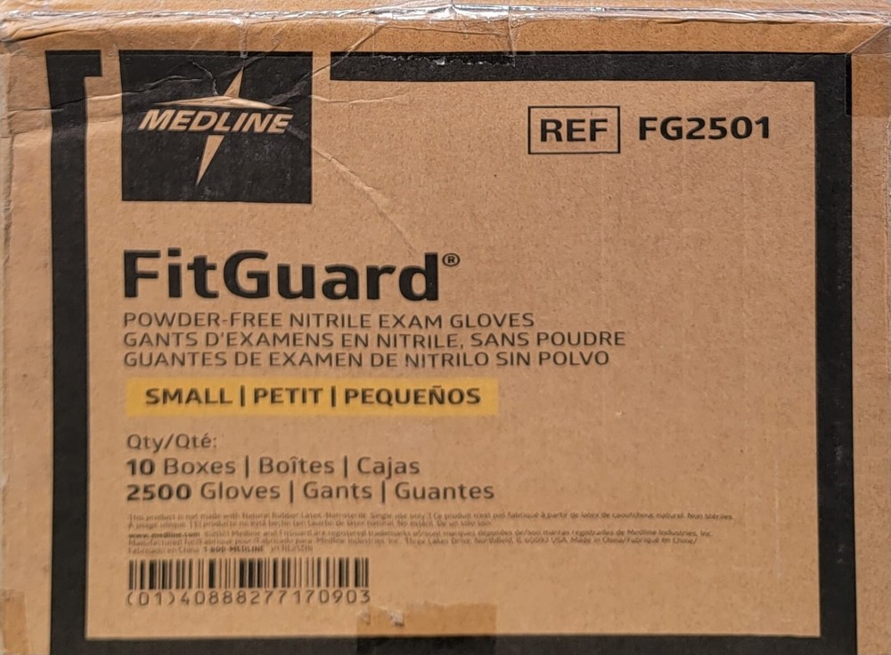 Medline Fitguard Nitrile Exam gloves 2500ct case powder & latex free L/M/S
