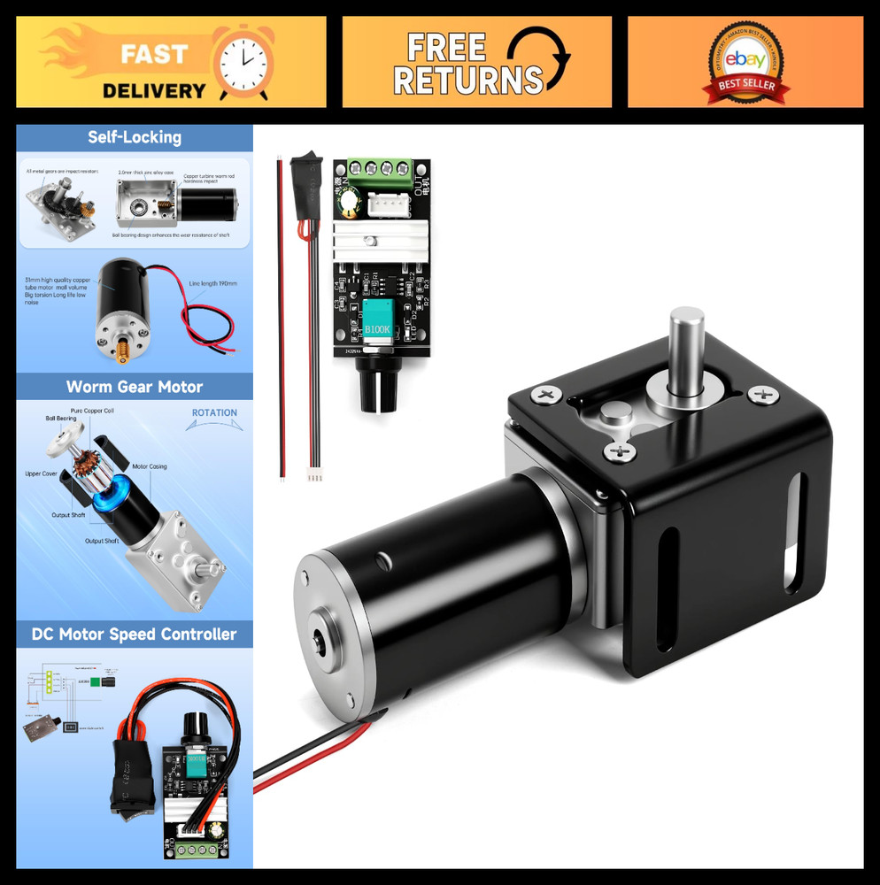 High Torque 12V DC Worm Gear Motor 12RPM, Reversible Self-Locking, Speed Control