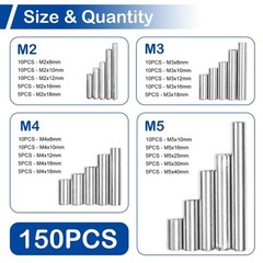 150 Pcs 304 Stainless Steel Dowel Pins Kit 20 Sizes M2 M3 M4 M5 Shelf Pegs Rod