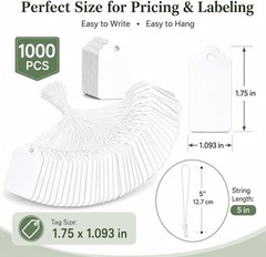 1000 Blank White Merchandise Price Tags with Strings Size #5 Retail Strung Label