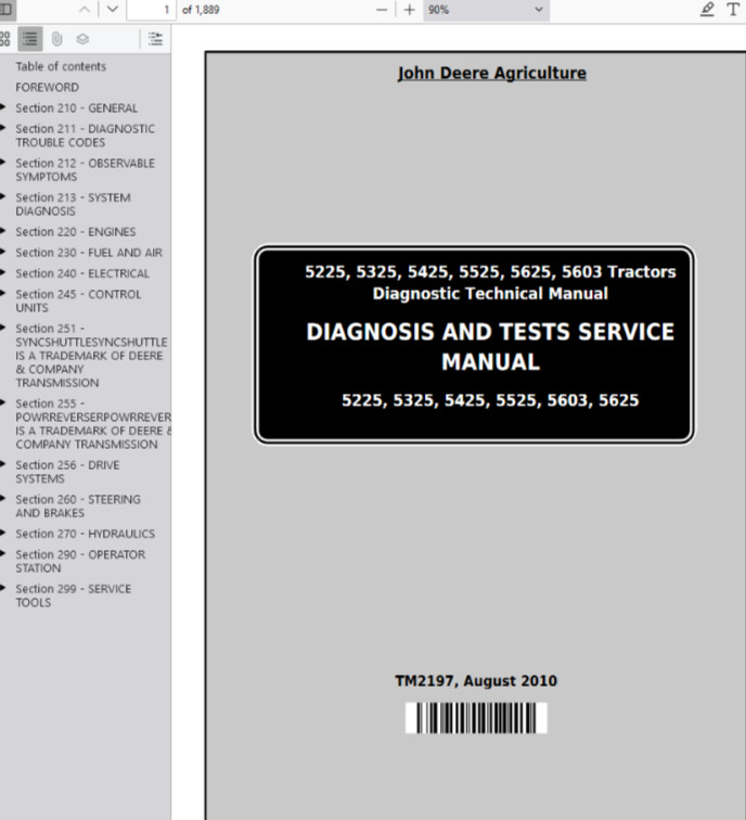 John Deere 5525 5625 5603 Tractor Technical Diagnosis Test Manual TM2197 PDF USB