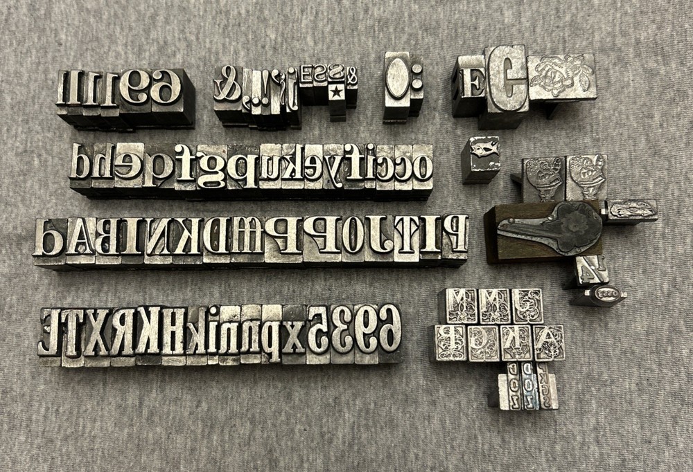 Letterpress Printing Block Mixed Lot Letters, Numbers, Symbols, BB & S Chicago
