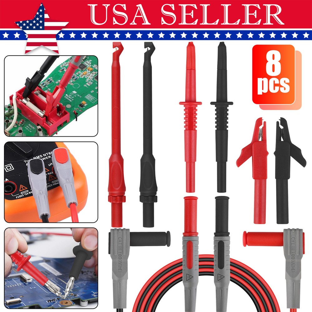 8Pcs Multimeter Automotive Test Probe Lead Kit 4mm Piercing Wire Clip Tool