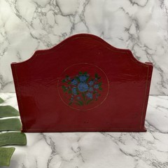 Vintage 90s Mail File Organizer Red Blue Floral Painted Wood India Desk Office