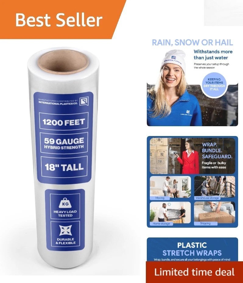 Versatile 18″ Plastic Stretch Film – 1200 ft, 500% Stretch for Storage & Moving