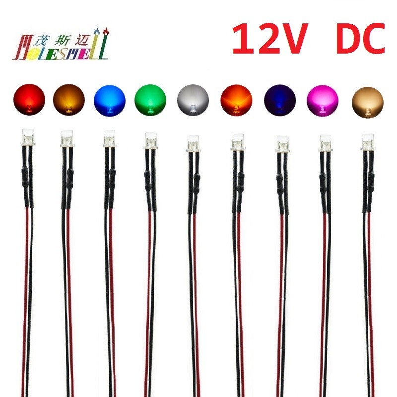 3mm Flat 12V Pre-Wired Red Yellow Blue Green White Orange UV Pink Warm white Led