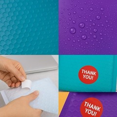 100 4×8 Color Bubble Mailers White Blue Teal Purple + 100 Thank You Stickers