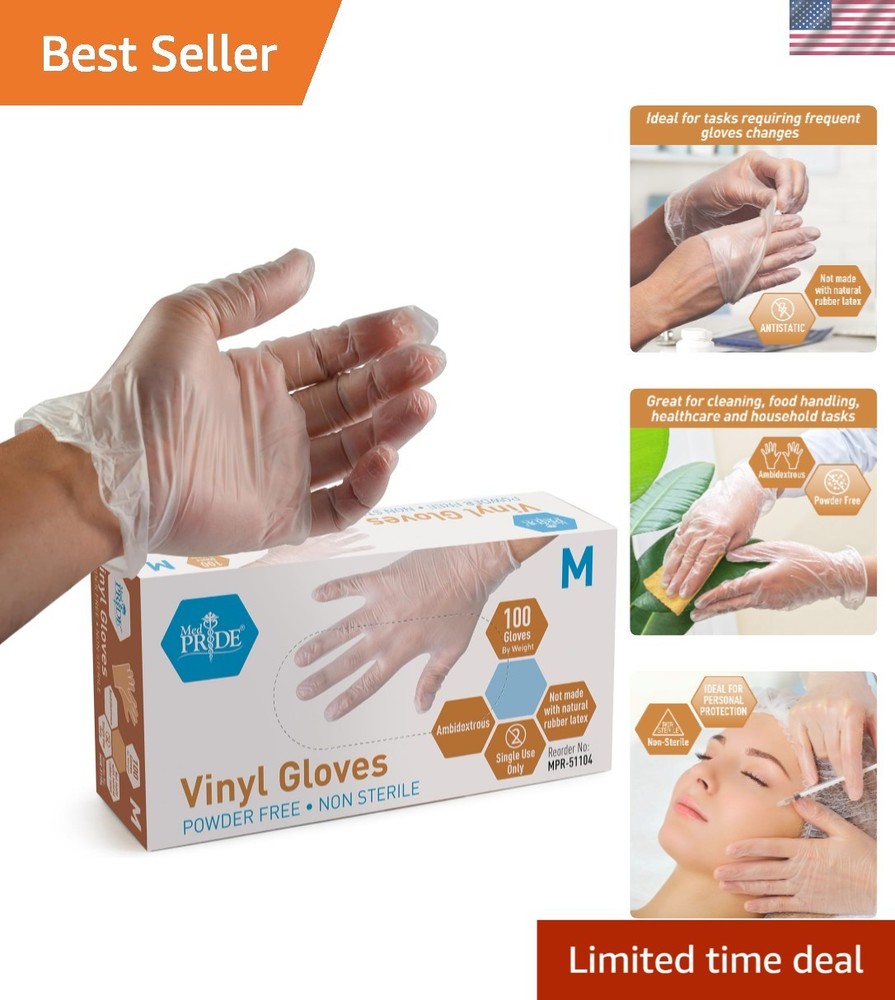 Disposable Clear Vinyl Gloves, Medium Pack of 100, Ideal for Cleaning and More