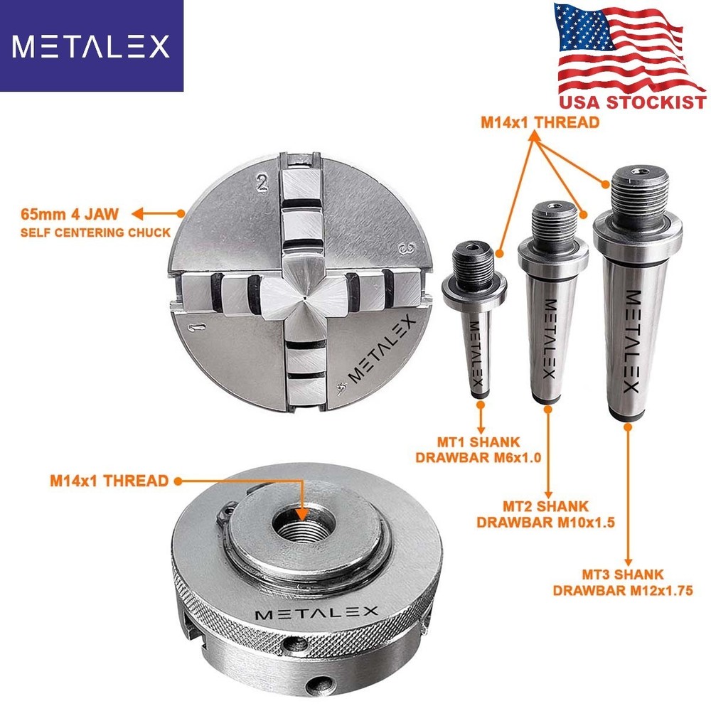 65mm 4 Jaw Self Centering Mini Lathe Chuck Kit MT1 MT2 & MT3 Arbor Adapter Shank