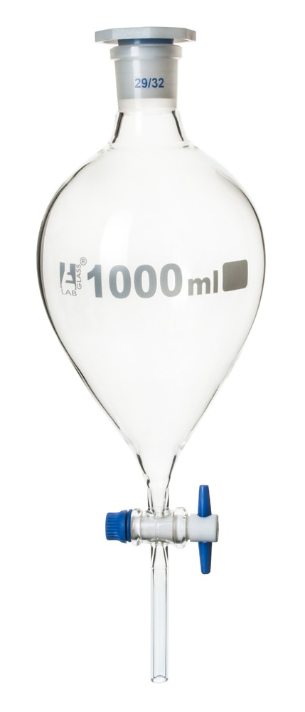 Eisco 1000ml Squibb Separatory Funnel, PTFE Stopcock, 29/32 – Borosilicate Glass