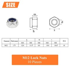10 Pieces M12 x 1.75mm Nylon Insert Hex Lock Nuts, 304 Stainless Steel (18-8)…