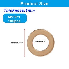 Litoexpe M5 Metric Flat Washer Copper Sealing Ring, 5mm ID 9mm OD 1mm Thickness,