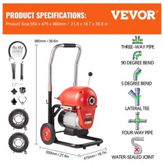 VEVOR Drain Cleaner Machine 120FT x 6/5″ 1100W Sectional Snake Auger Manual Feed