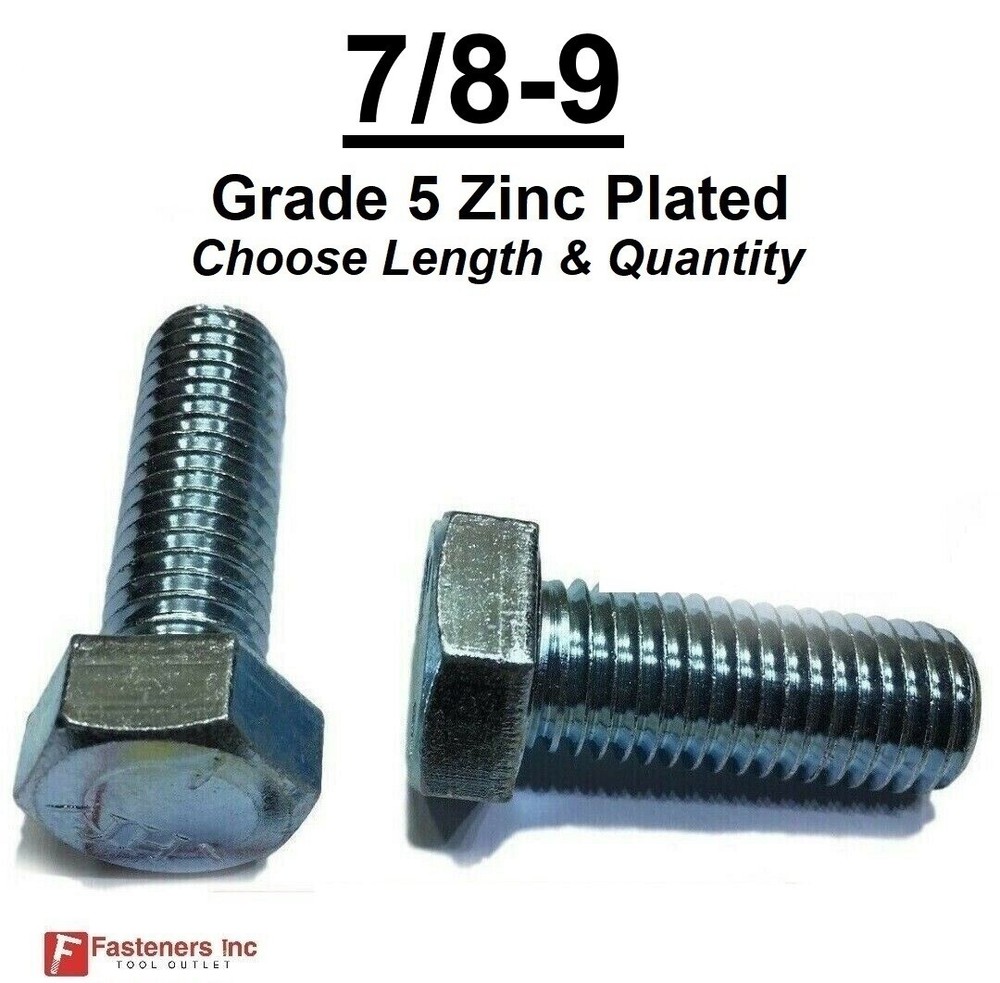 7/8-9 Hex Bolt Zinc Plated Grade 5 Cap Screw Coarse (All Lengths & Qtys)