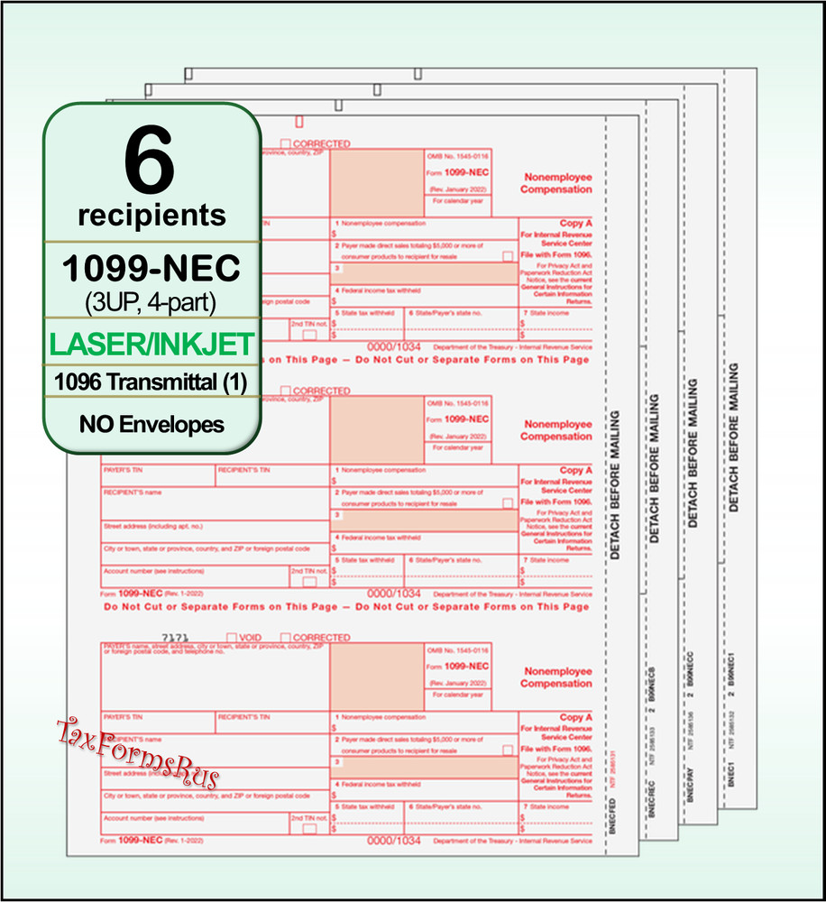 2022 IRS Tax Form 1099-NEC Laser 6 recipients+(1)1096 #NECS405 – 3UP 4pt NO Env