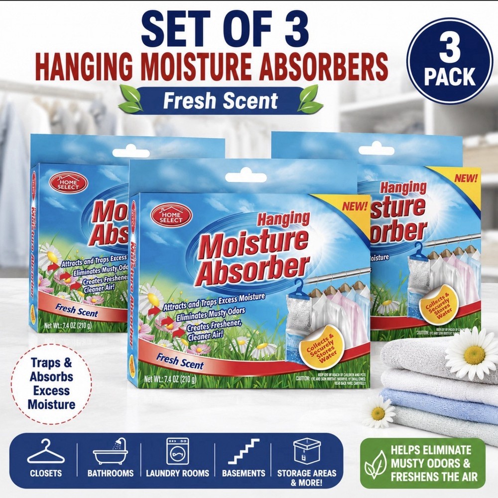 Set of 3 Home Select Hanging Moisture Absorbers Fresh Scent Closet Dehumidifier