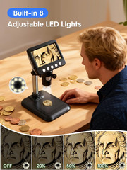 Coin Microscope, 4.3″ LCD USB Digital Microscope 1000X Coin Magnifier with 8 Adj