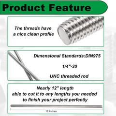 1/4-20 x 12 Fully Threaded Rod, 4PCS 1/4″-20 12 in All Threaded Rods, 304 Stainl
