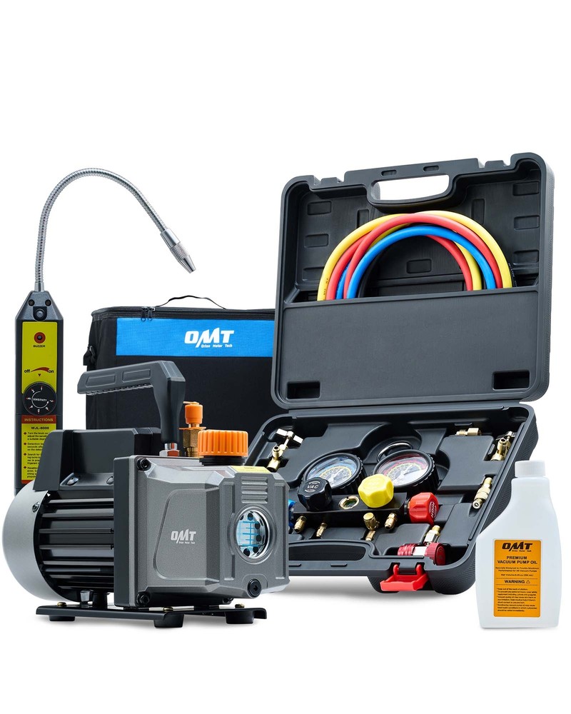 OMT 4CFM Vacuum Pump HVAC Refrigeration AC Manifold Gauge Set Leak Detector Bag