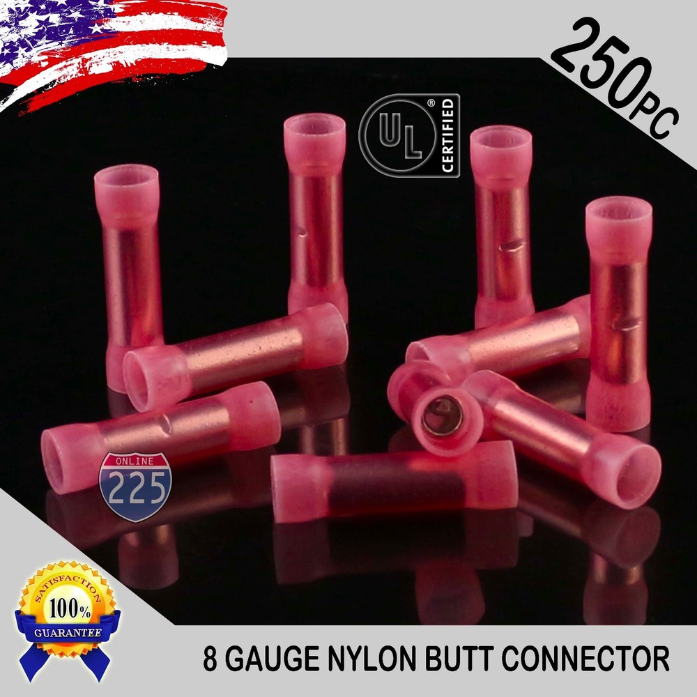250 Pack 8 Gauge Wire Butt Connectors Red Nylon 8 AWG Crimp Cable Terminals USA