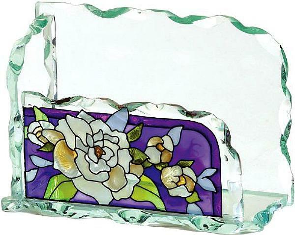 NEW Joan Baker GARDENIAS Flower Beveled Painted Art Glass Business Card Holder