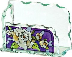 NEW Joan Baker GARDENIAS Flower Beveled Painted Art Glass Business Card Holder