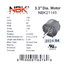 Fan Motor 3.3″ Dia. 1/20 HP 1500 RPM 115 Volts CCW Rotation Replaces Fasco D133