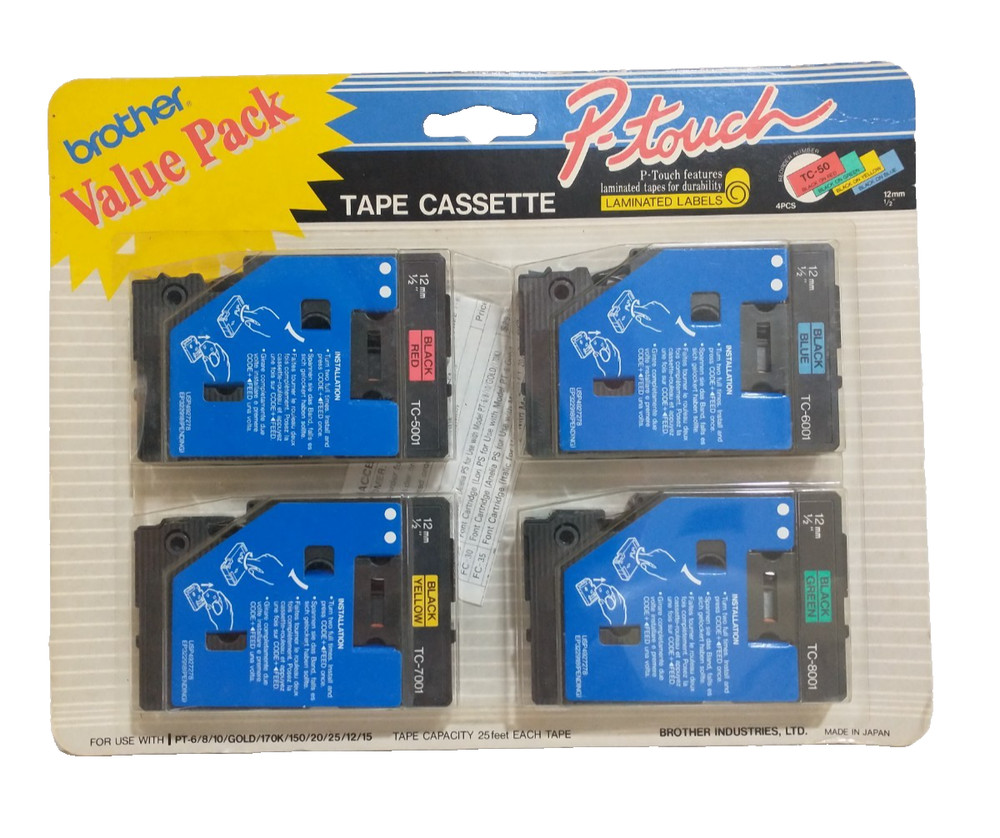 Brother P-Touch Tape Cassette Labels 4 Pack Black on Red Green Yellow Blue TC-50