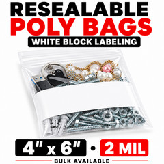 4×6 Clear Poly Bags 2 Mil Zip Lock White Block for Screws Nuts Parts Bulk