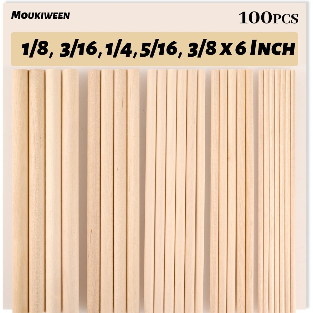 Moukiween Wooden Dowel Rods, 1/8, 3/16, 1/4, 5/16, 3/8 x 6 Inch (100PCS)