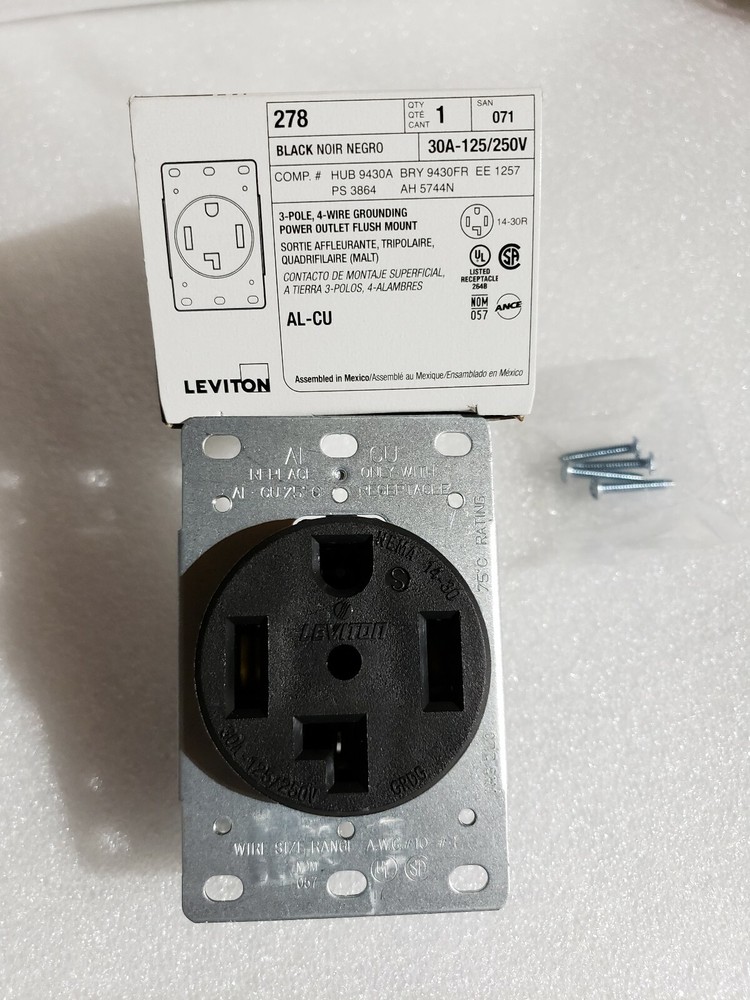 LOT OF 10 – LEVITON 278 30 Amp 3-POLE, 4-WIRE GROUNDING POWER OUTLET FLUSH MOUNT