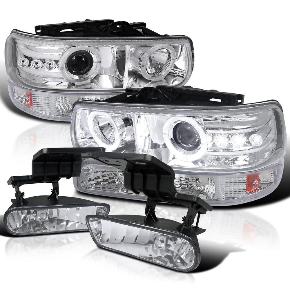Chrome LED Halo Projector Headlights Bumper Fog Lamps 1999-2002 Silverado Pair