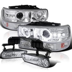 Chrome LED Halo Projector Headlights Bumper Fog Lamps 1999-2002 Silverado Pair