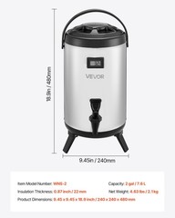 Insulated Beverage Dispenser, 2 Gal/7.6L Stainless Steel Thermal Drink Server wi
