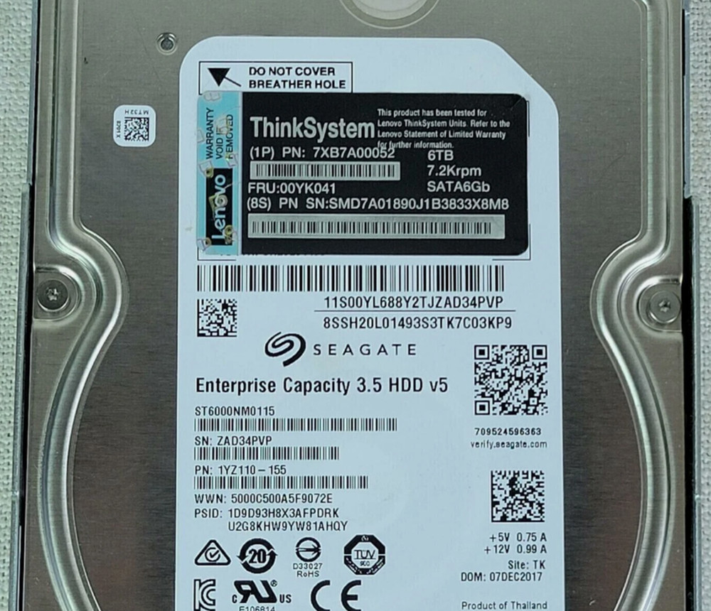 One Brand New Lenovo 7XB7A00052 00YK041 6TB 7.2k 6Gb/s 3.5” 512e SATA Hard Drive