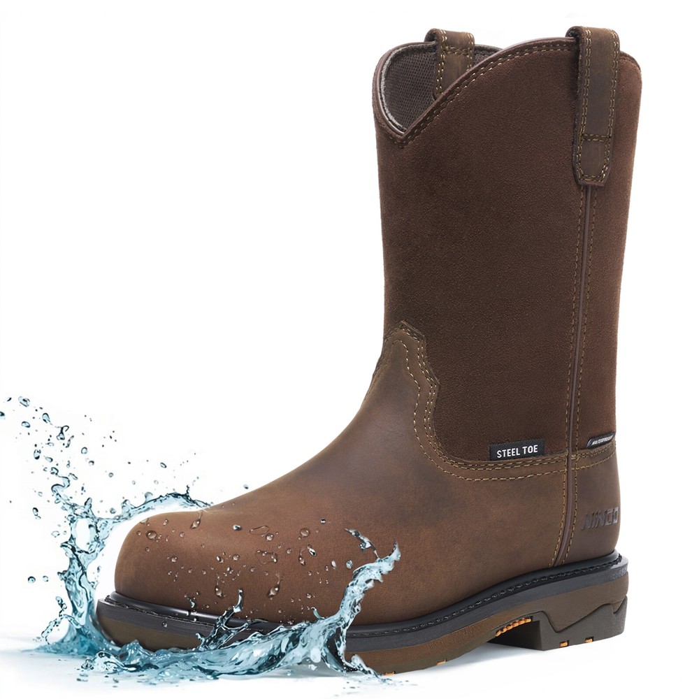 NINGO Men Steel Toe Work Boots Waterproof Cowboy Boots Leather Wellington Boots