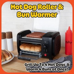 Premium hot dog roller with bun warmer, compact countertop design