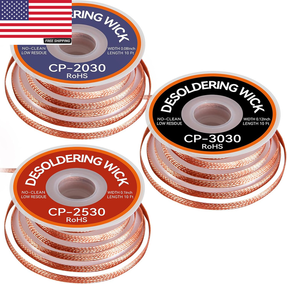 3PCS Premium Desoldering Wick – 3 Sizes Solder Wick Braid (0.08″, 0.1″, 0.12″ X