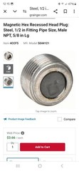 10 Magnetic Pipe Plug 1/2″ NPT 3/8″ Hex Recessed Steel Male NPT .610″ NEW 5/8″L