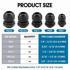 Oimyalsi 25 Pack Cable Gland Kit IP68 Waterproof Nylon Cord Grip PG7 to PG16 Bla