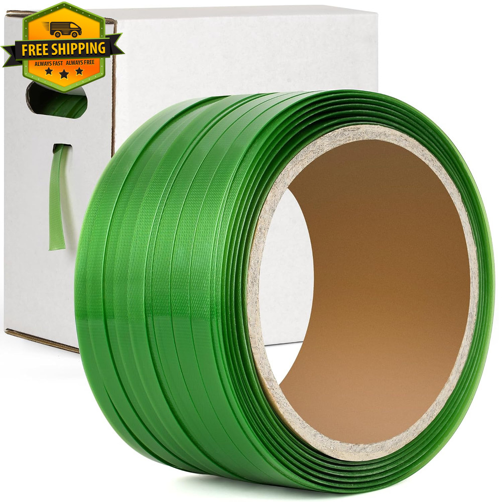 Green Polyester PET Strapping Roll 500ft 5/8 Inch 1400 lbs Self Dispensing Box