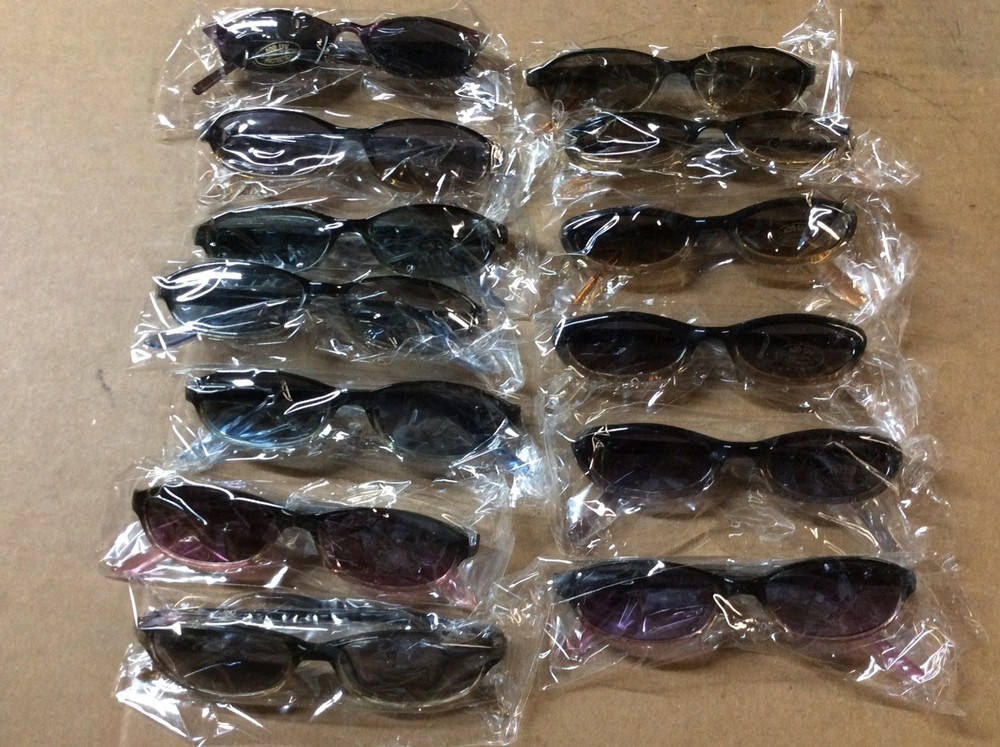 NEW ASSORTED BOX OF SUNGLASSES SUN GLASSES SET OF 13 GLASS COLORED SMALL LENS