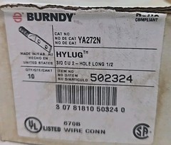 Box of 10 – Burndy YA272N Hylug 502324 – 3/0 AWG CU 2 Hole Compression Lugs