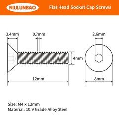 M4-0.7 x 12mm Flat Head Hex Socket Cap Screws Countersunk Bolts, 10.9 Grade A…
