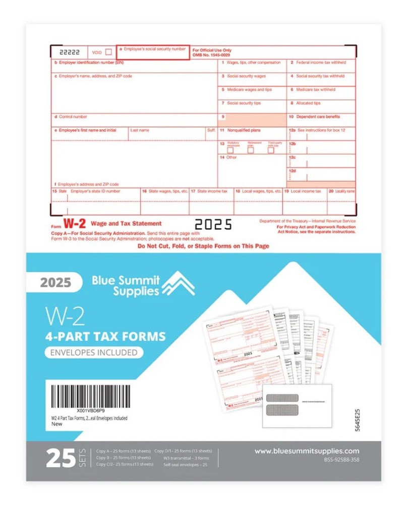 Blue Summit Supplies W-2 Tax 2025 4-Part Forms with Envelopes, 25 Sets