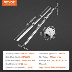 VEVOR 2PCS SBR20 1500mm Linear Guide Rail Slide Rail 4 PCS SBR20UU Bearing Block