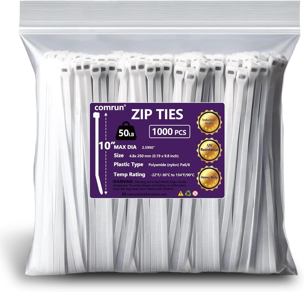 1000PCS 10″ White Nylon Zip Ties, 50lb Heavy Duty UV Resistant Cable Ties