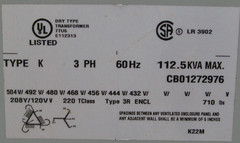 🙌 HPS HAMMOND 112.5 KVA TRANSFORMER 480 HV 208Y/120 LV 3 PHASE SG3A0112KB