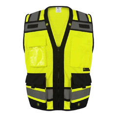 Safety green surveyor vest with tablet pocket.